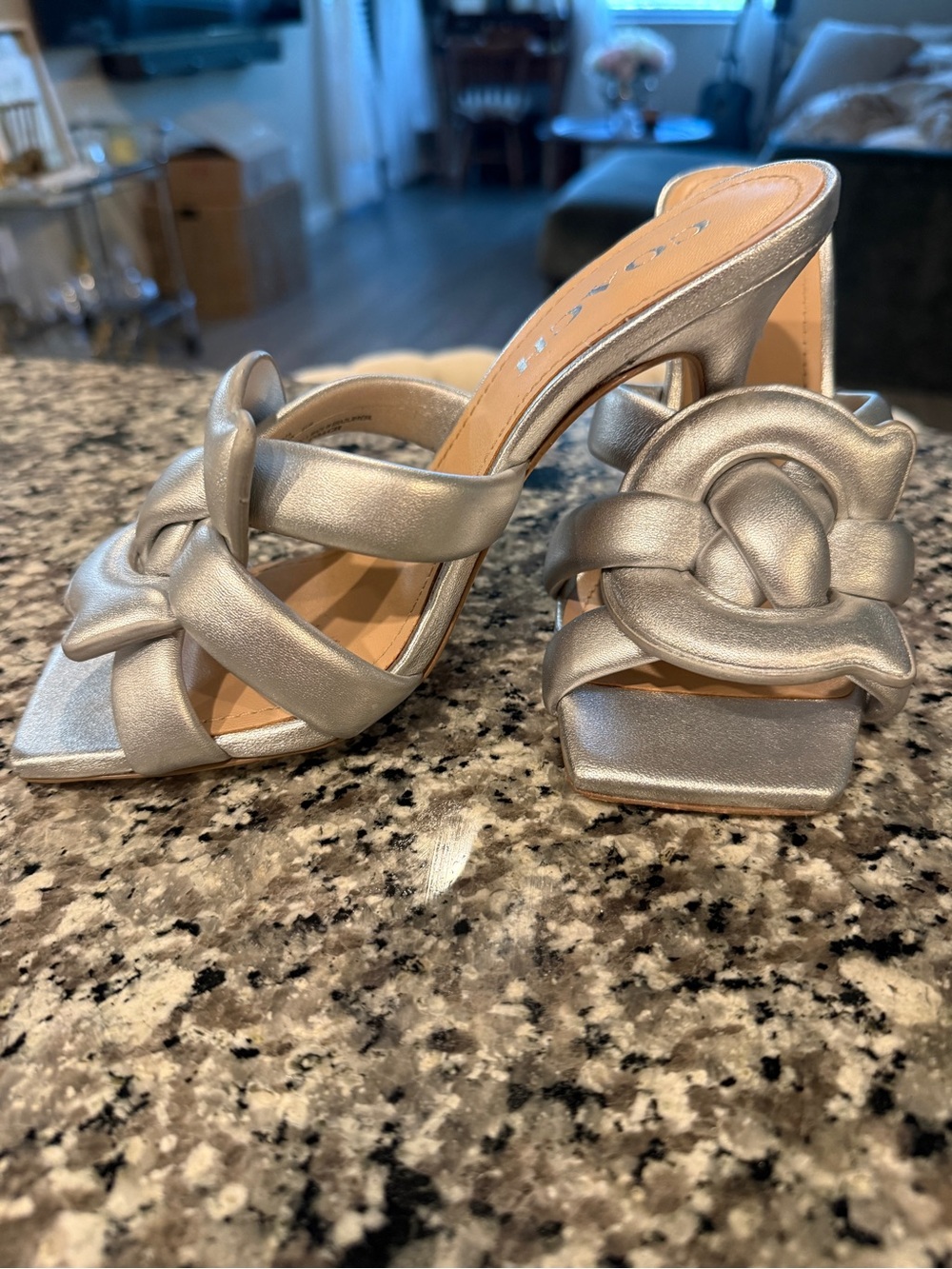 Coach Metallic Silver Knotted Slide Mules - Picture 2 of 5